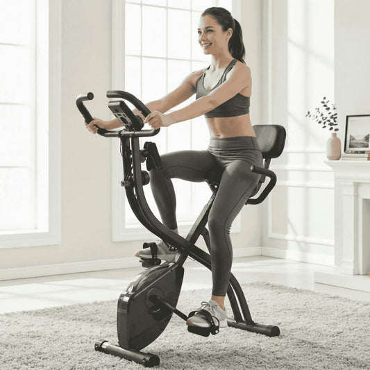 Folding Exercise Bike 3 in 1 Magnetic Stationary Recumbent Bike 10 Level Resistance for Home Use with Arm Resistance Bands